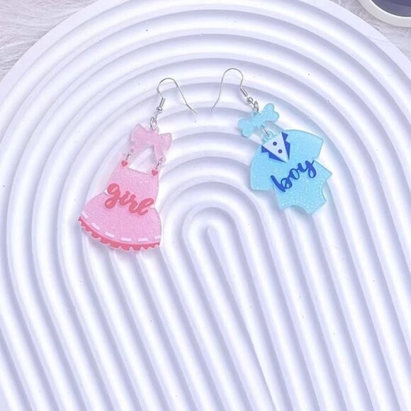 Gender Reveal Earrings Asymmetrical Blue Pink Dress Earrings - Picture 6 of 6